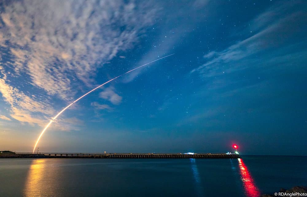 The Falcon 9 soars through the Florida night sky carrying Telstar 19v